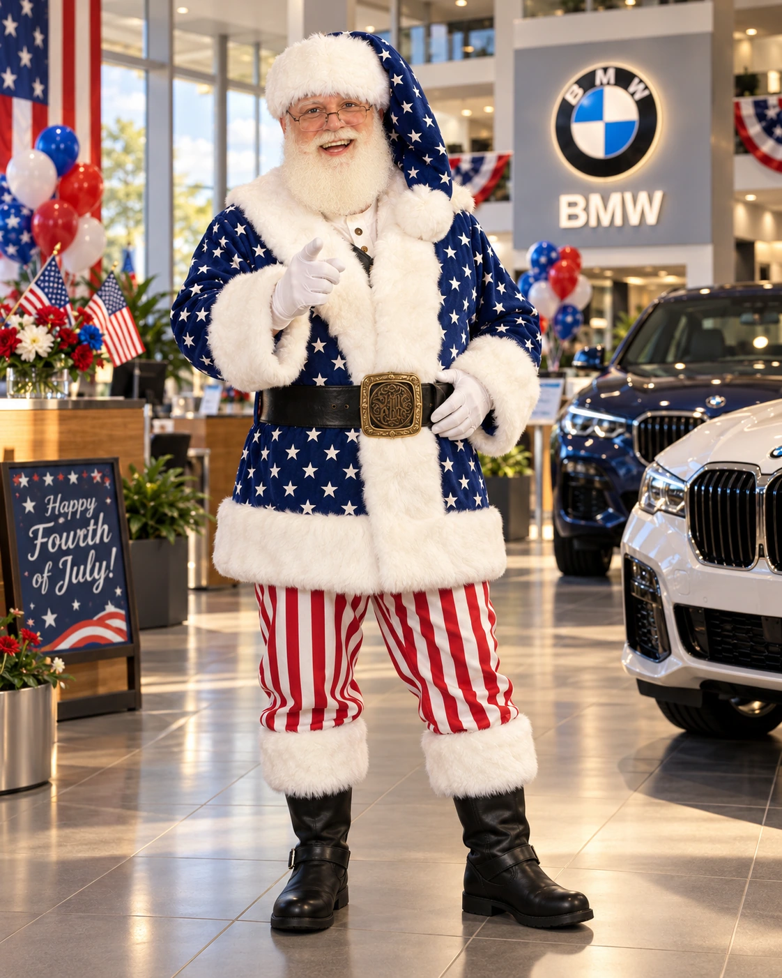 The Rocky Top Santa wearing a patriotic Fourth of July suit inside a BMW dealership