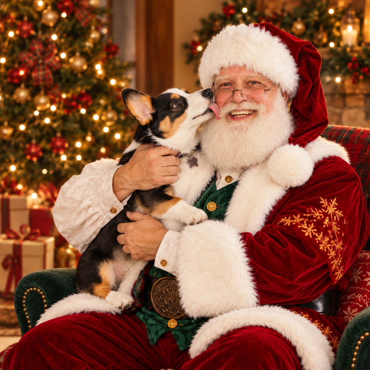 Approved Pet-Friendly Visits portrait of Santa and corgi