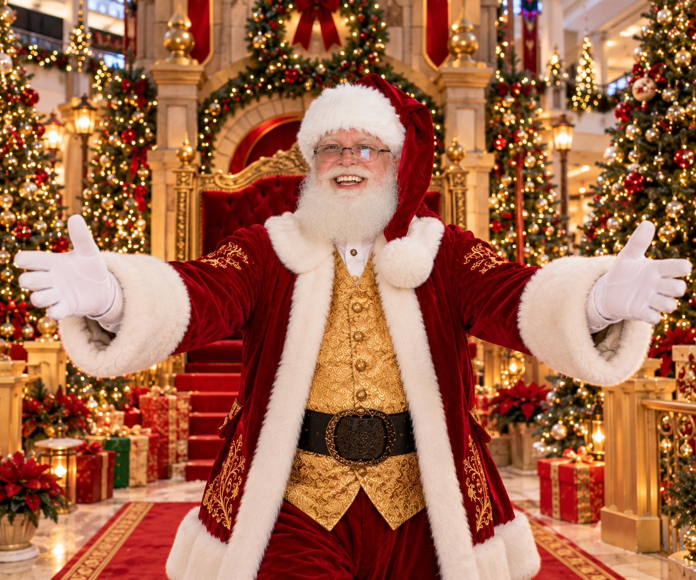 The Rocky Top Santa welcoming guests with open arms in a festive Christmas setting