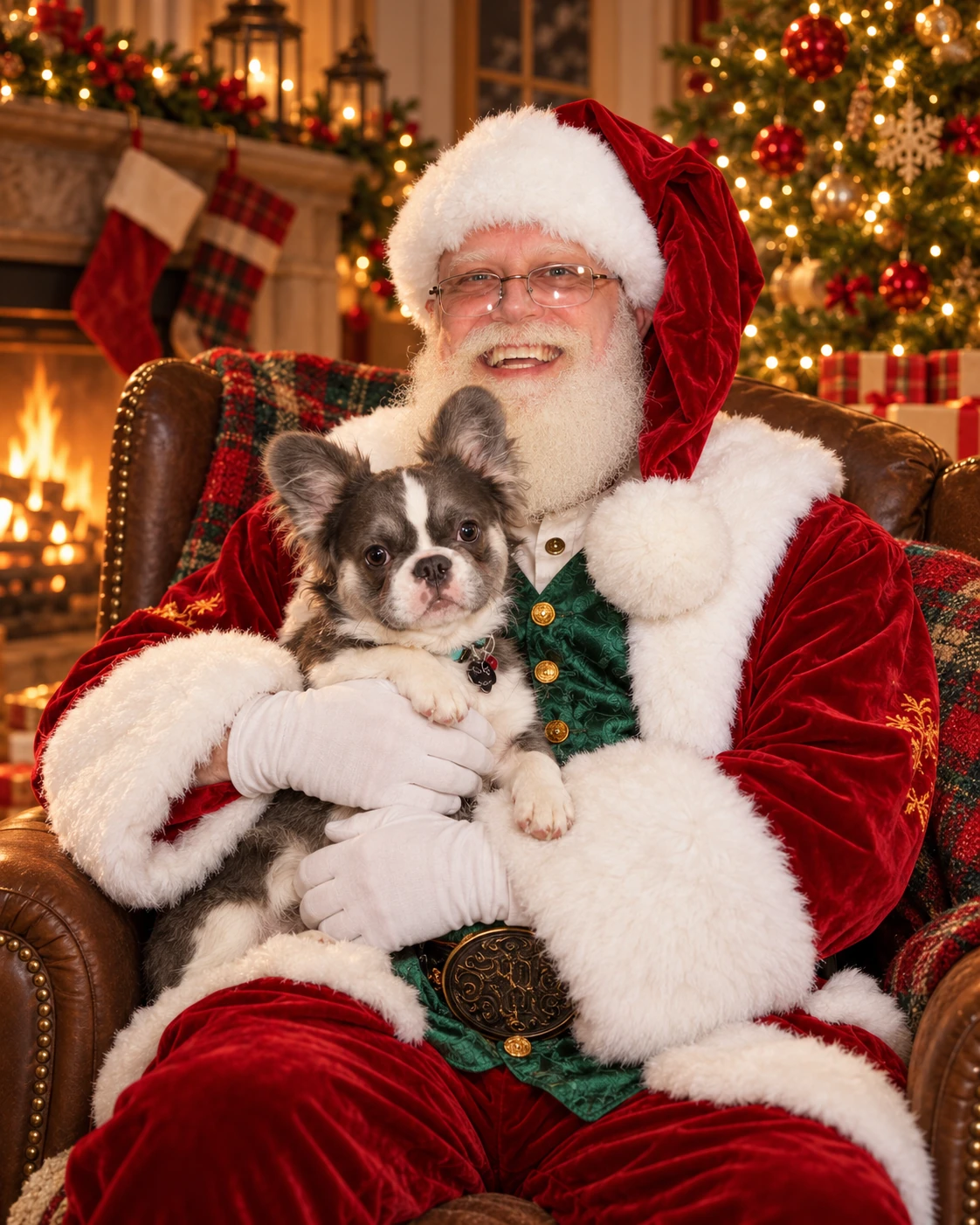 Santa holding a small dog in a Christmas living room